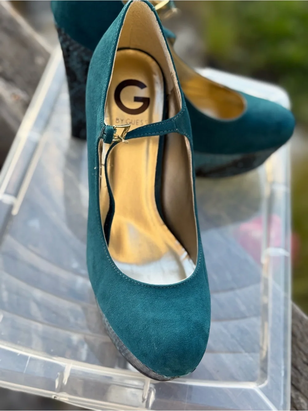 G by Guess Teal Platform Mary Jane Pumps with Snakeskin Trim